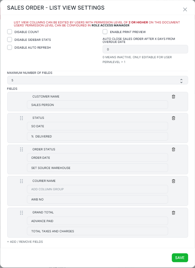 list settings